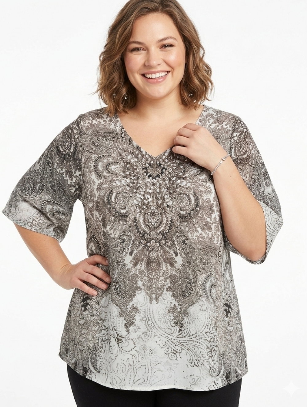 Westport Plus Size Neutral Paisley V-Neck Blouse